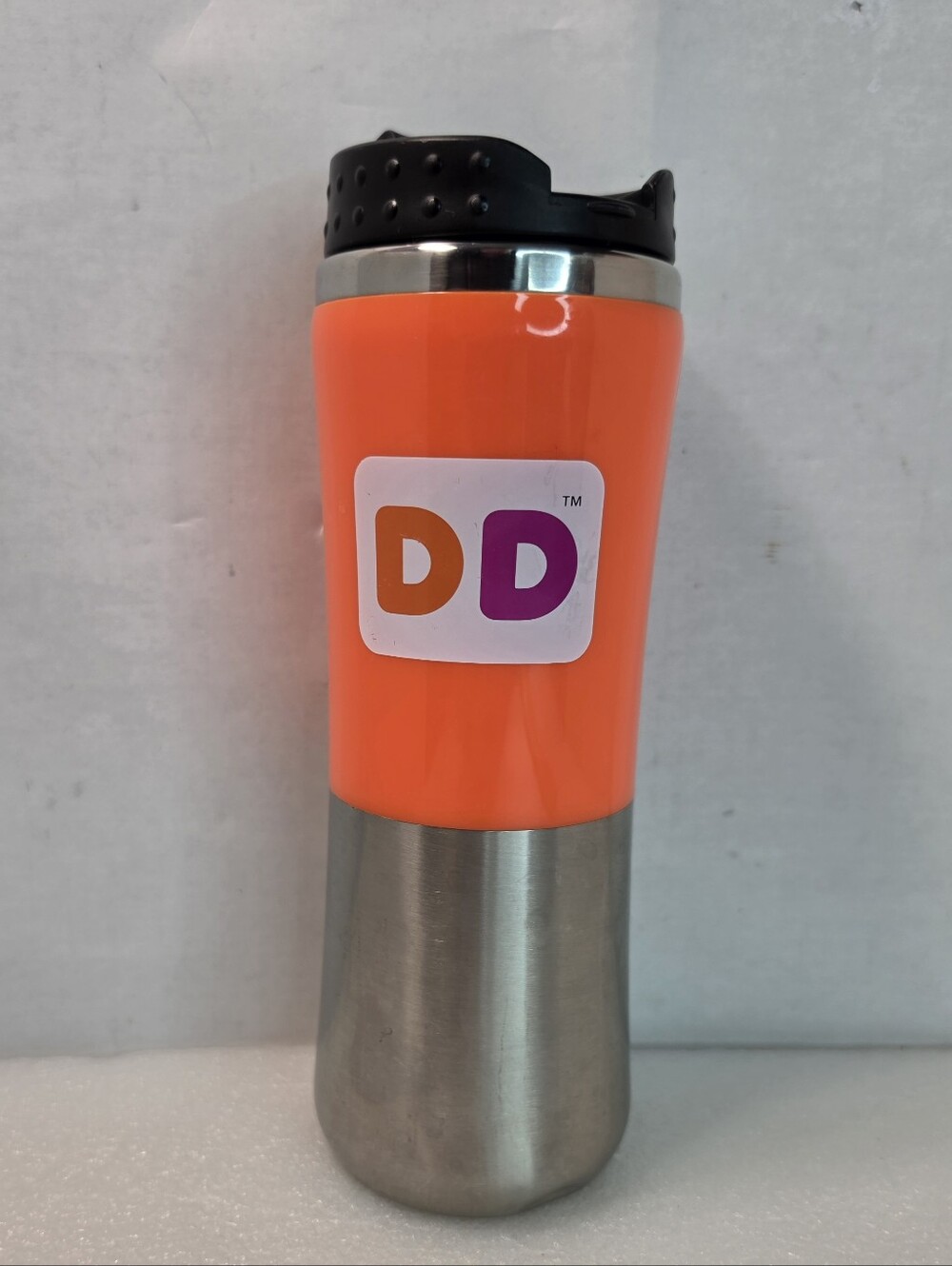 Dunkin (2009) Travel Cup Tumbler - Orange Plastic On Stainless Flip Lid 9” - VGC
